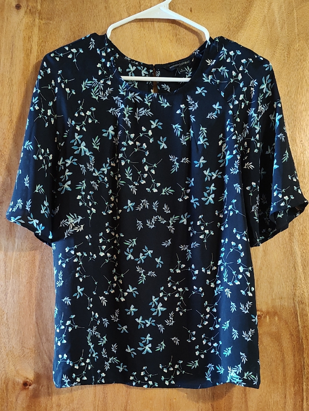 Banana Republic Factory Womens Floral Blouse Navy Bell Sleeve Turquoise Mint Sm